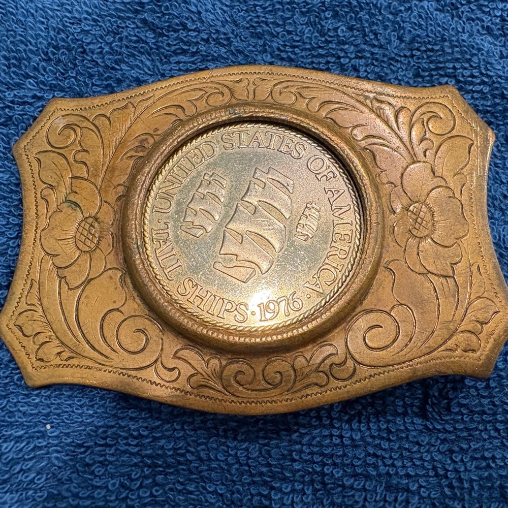 Vintage Brass Belt Buckle with Commemorative 1976 Tall Ships coin